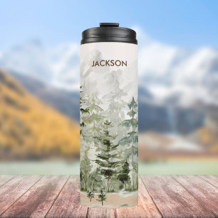 Watercolor Green Pine Forest on Mountain Thermal Tumbler