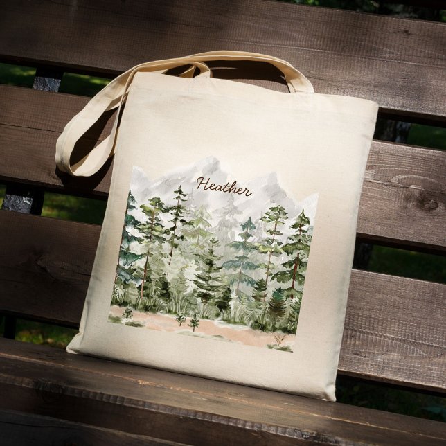 Watercolor Green Pine Forest on Mountain Tote Bag (In situ)