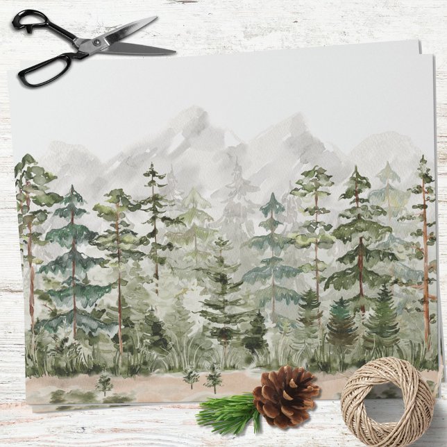 Watercolor Green Pine Forest on Mountain Wrapping Paper (In situ)