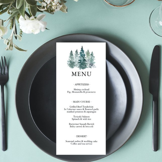 Watercolor Green Pine Spruce Trees Wedding MENU (Creator Uploaded)