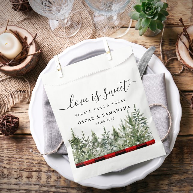 Watercolor Green Pine Tree  & Red Buffalo Plaid Favour Bags (Creator Uploaded)