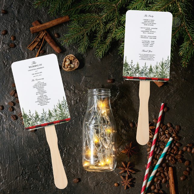 Watercolor Green Pine Tree  & Red Buffalo Plaid Hand Fan (Creator Uploaded)