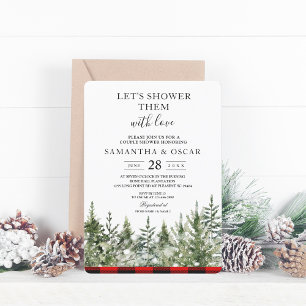 Watercolor Green Pine Tree  & Red Buffalo Plaid Invitation