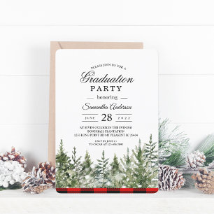 Watercolor Green Pine Tree  & Red Buffalo Plaid Invitation