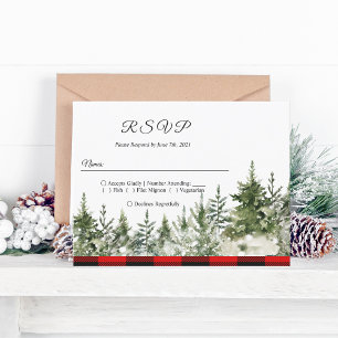 Watercolor Green Pine Tree  & Red Buffalo Plaid Invitation Postcard
