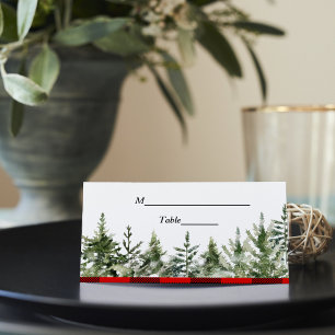 Watercolor Green Pine Tree  & Red Buffalo Plaid Place Card