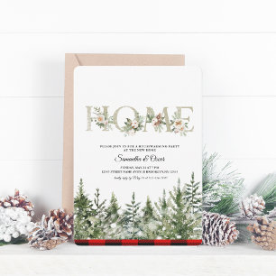 Watercolor Green Pine Tree  & Red Buffalo Plaid Save The Date