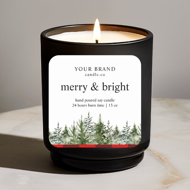 "Watercolor Green Pine Tree & Red Buffalo Plaid  Square Sticker (Creator Uploaded)