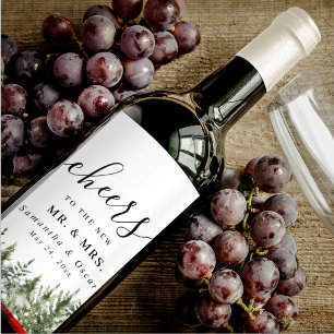 Watercolor Green Pine Tree & Red Buffalo Plaid Wine Label