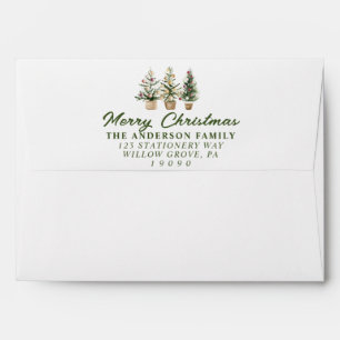 Watercolor Green Pine Trees Merry Christmas    Envelope