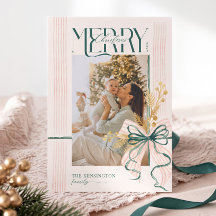 Watercolor Green Pink Bow Merry Christmas Photo