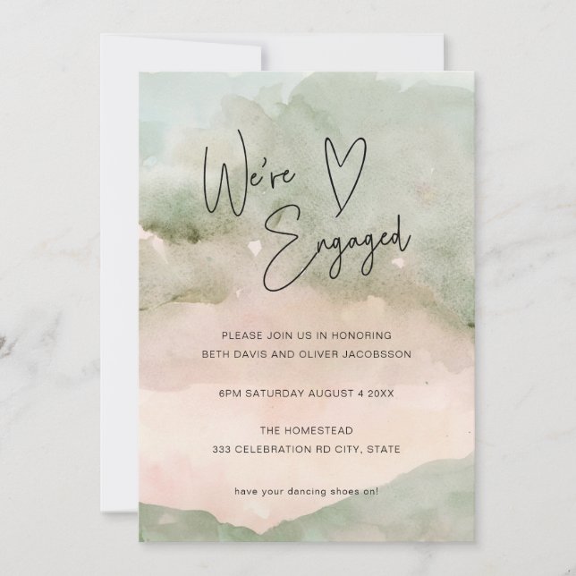 Watercolor Green Pink Heart Engagement Invitation (Front)