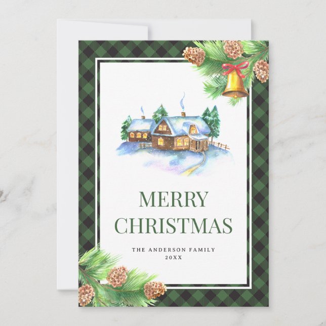 Watercolor Green Plaid Christmas Holiday Card (Front)