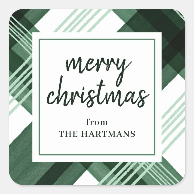 Watercolor Green Plaid Merry Christmas Name  Square Sticker (Front)