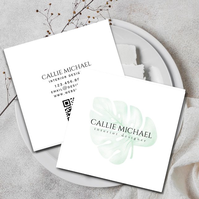 Watercolor Green Plant  Square Business Card (Watercolor Green Plant Square Business Card #zazzlemade #greenplant #modernbusinesscard #simple )