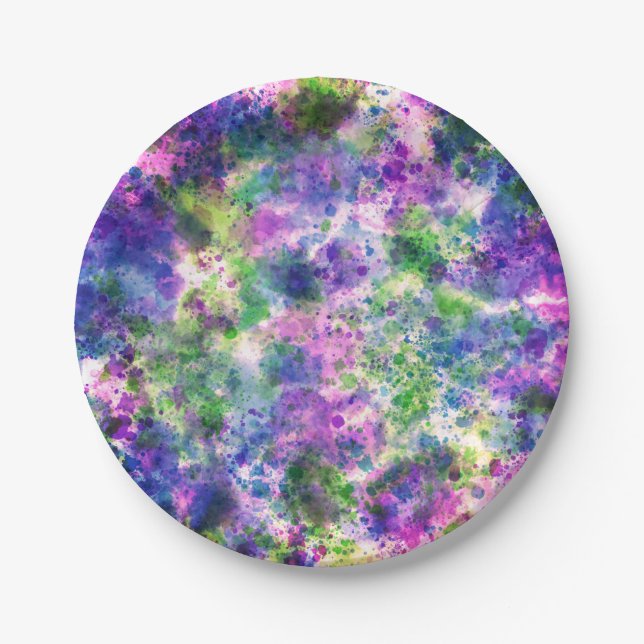 Watercolor Green Purple Blue Paint Splash Abstract Paper Plate (Front)