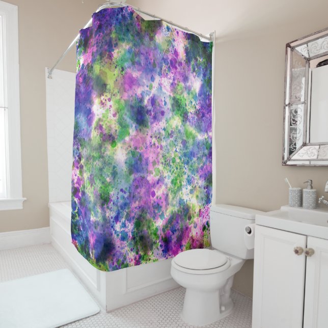 Watercolor Green Purple Blue Paint Splash Abstract Shower Curtain (In Situ)