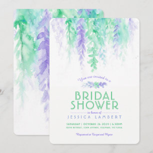 Watercolor green purple bridal shower invitations