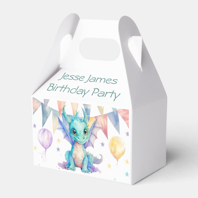Watercolor Green Purple Dragon Boy Birthday Party Favour Box (Front Side)