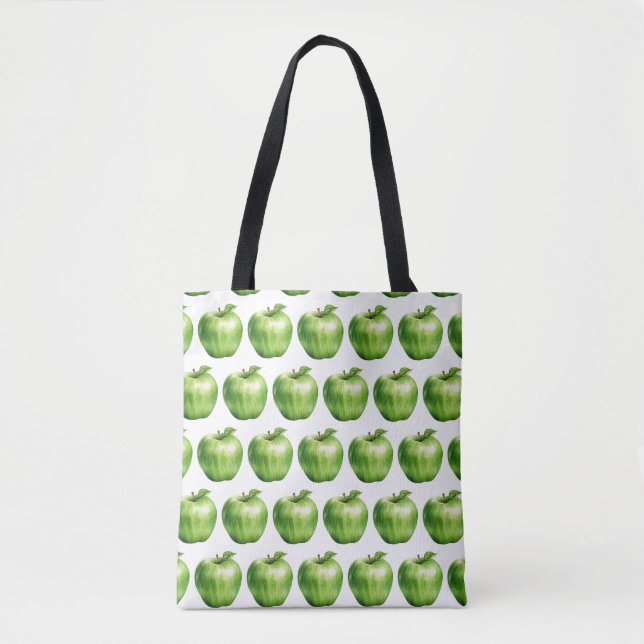 Watercolor Green Realistic Apple Pattern Tote Bag (Front)