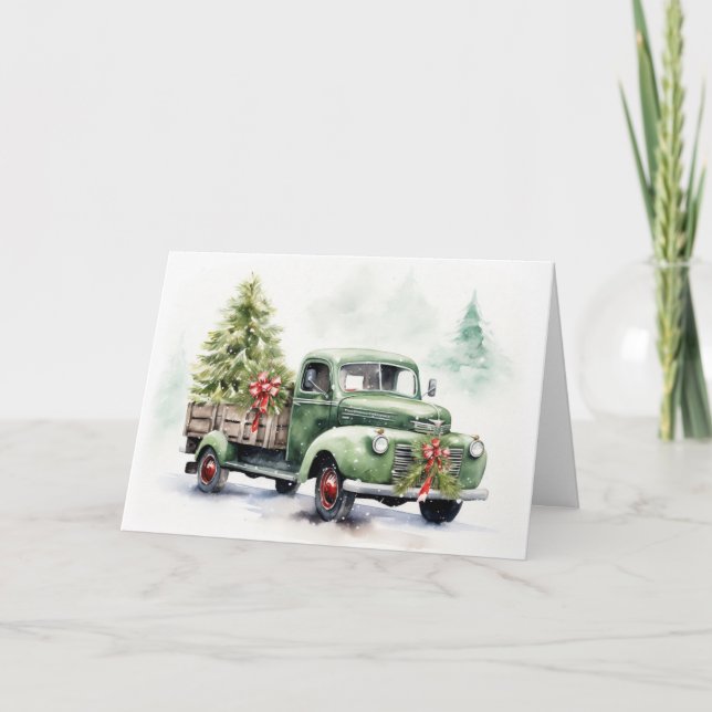 Watercolor Green Retro Christmas Truck Holiday Card (Front)