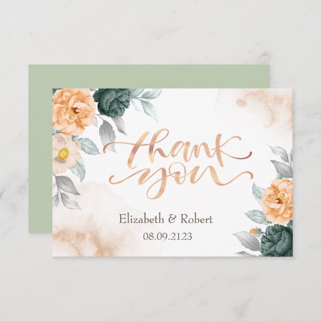 Watercolor Green Roses Thank You Card (Front/Back)