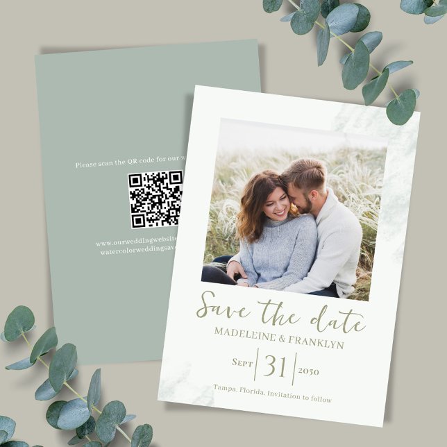 Watercolor Green Save the Date Photo Wedding Invitation (Green watercolor elegant photo card template.)