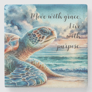 Watercolor Green Sea Turtle - Sandy Beach w/ Quote Stone Coaster