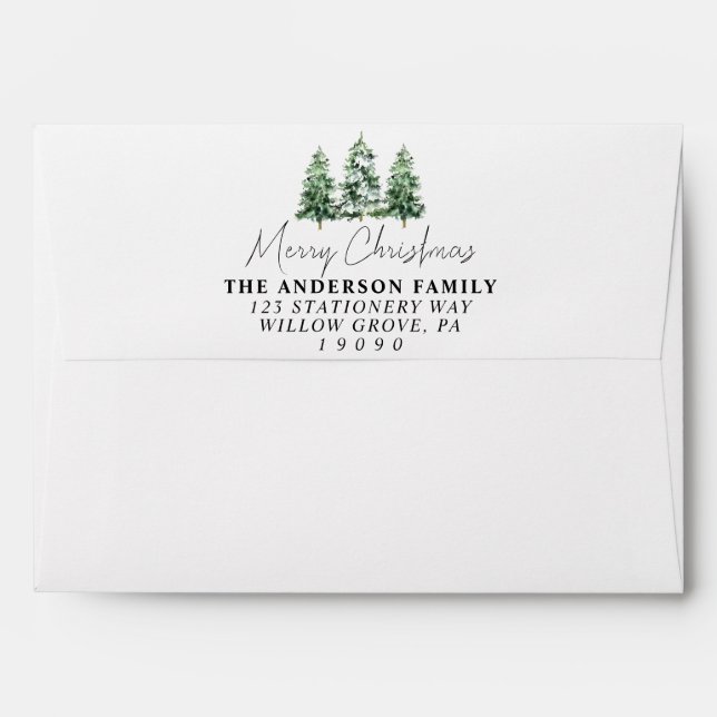 Watercolor Green Snow Pine Trees Merry Christmas Envelope (Back (Top Flap))