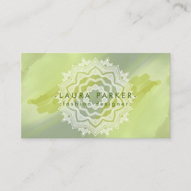 Watercolor Green Splatter Abstract Mandala Art Business Card (Front)