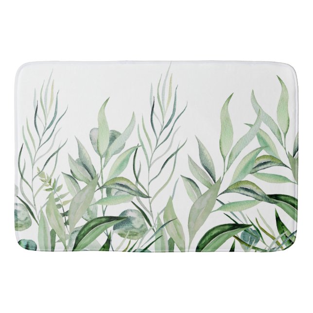 Watercolor Green Spring Leaves  Bath Mat (Front)