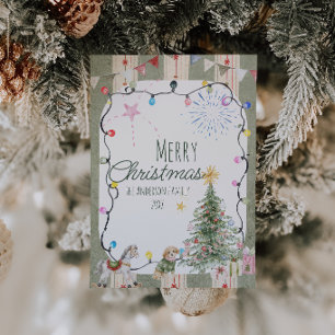 Watercolor Green Stripes Cute Merry Christmas Holiday Card