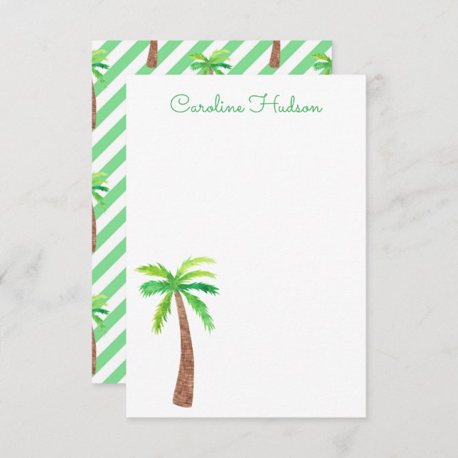 Watercolor Green Stripes Palm Trees Thank You Card (Front/Back)