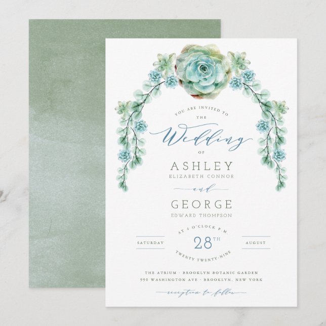Watercolor Green Succulents Summer Garden Wedding Invitation (Front/Back)