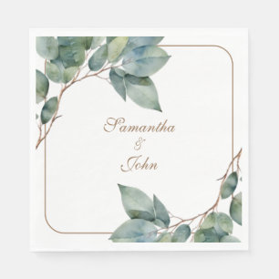 Watercolor green teal gold botanical greenery napkin
