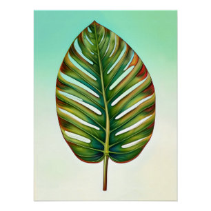 Watercolor Green Teal Yellow Red Tropical Leaf Poster