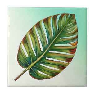 Watercolor Green Teal Yellow Red Tropical Leaf Tile