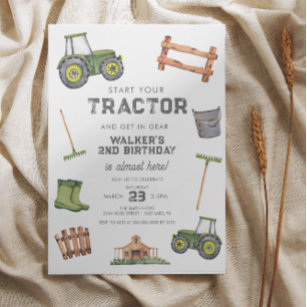 Watercolor Green Tractor 2nd Birthday  Invitation