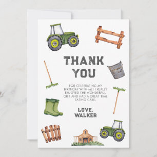 Watercolor Green Tractor Birthday Thank You Card