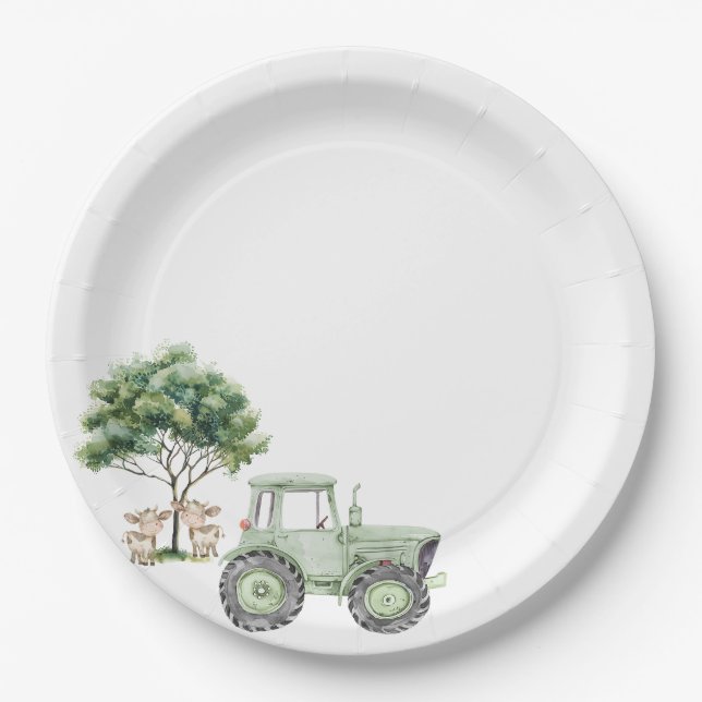 Watercolor Green Tractor Farm Paper Plates (Front)