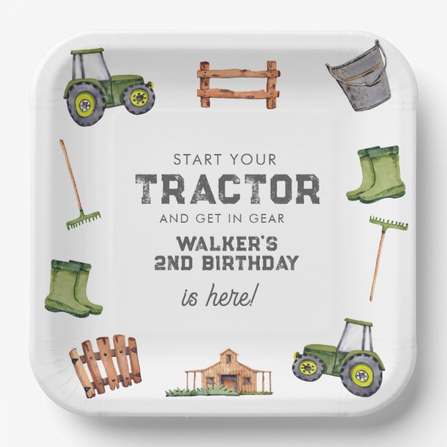 Watercolor Green Tractor Photo Boy Birthday  Paper Plate (Front)