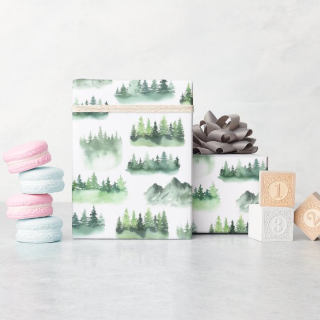 Watercolor Green Trees Forest Pattern Wrapping Paper (Baby Shower)