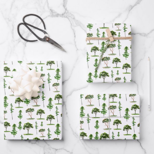 Watercolor Green Trees Pattern Wrapping Paper Sheet (Front)