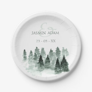 Watercolor Green Trees Woodland Rustic Wedding Paper Plate