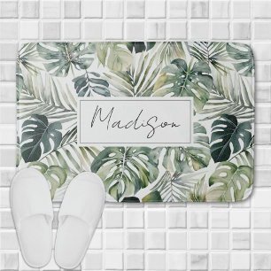 Watercolor Green Tropical Forest Leaves Pattern Bath Mat