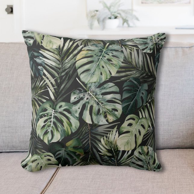 Watercolor Green Tropical Forest Leaves Pattern Cushion (In situ)