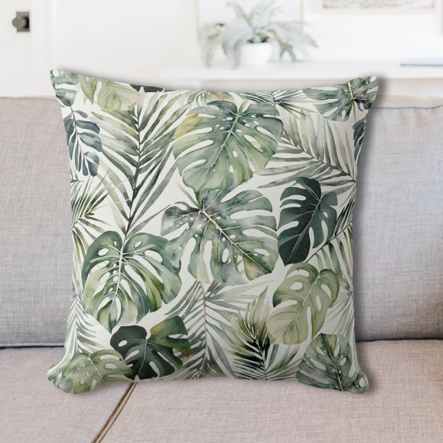 Watercolor Green Tropical Forest Leaves Pattern Cushion (In situ)