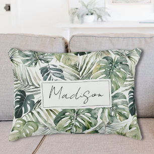 Watercolor Green Tropical Forest Leaves Pattern Decorative Cushion