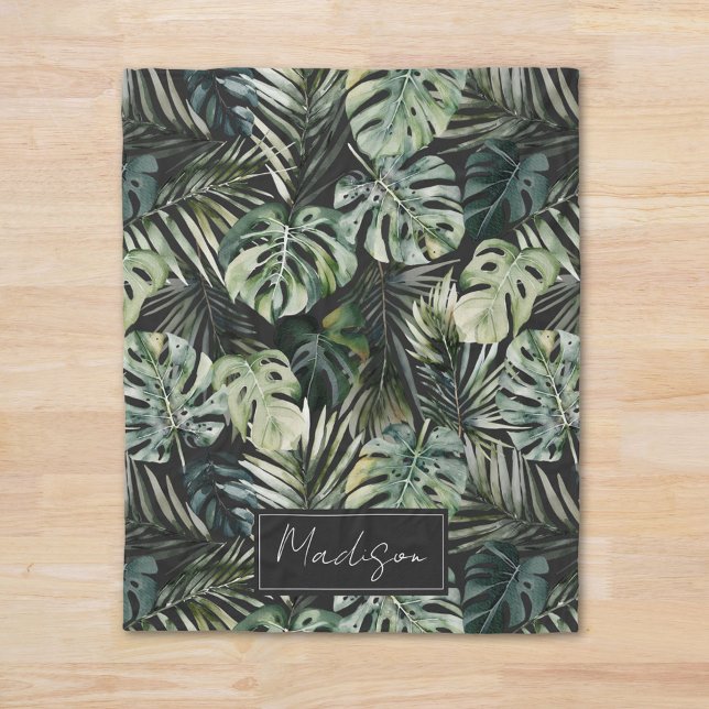 Watercolor Green Tropical Forest Leaves Pattern Fleece Blanket (In situ)