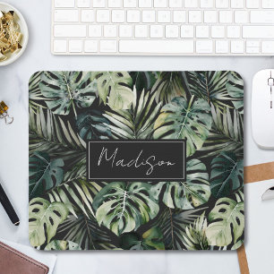 Watercolor Green Tropical Forest Leaves Pattern Mouse Mat